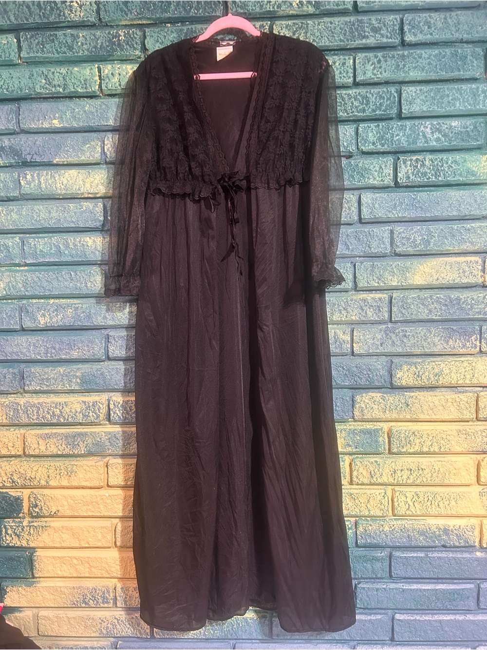Vintage Black Sheer Lace Long Robe and gown - Women Intimates stardust medium